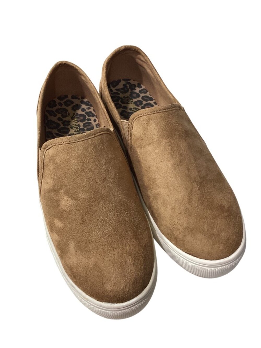 Magellan Womens Tan Slip-On Shoes Size 9 Faux Suede*Leopard Print Interior*EUC